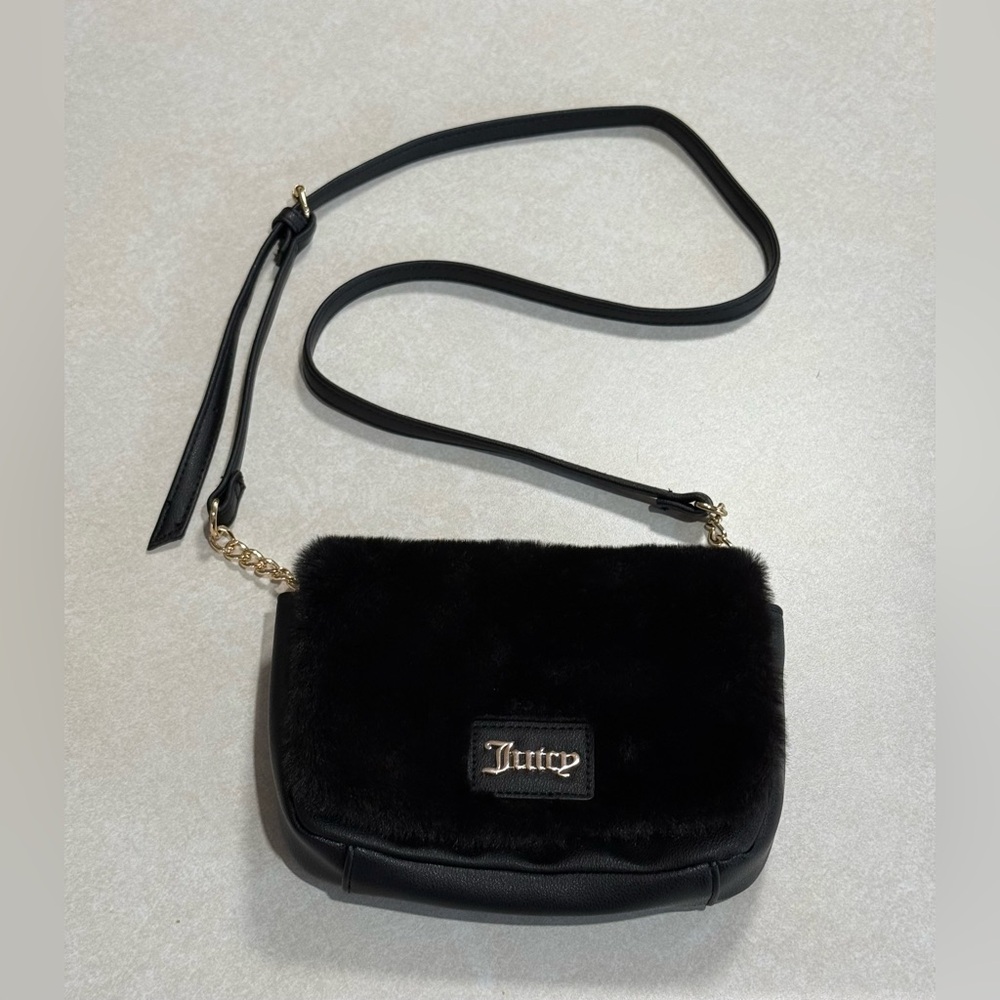 Juicy Couture Black Faux Fur Flap Crossbody Mini Bag